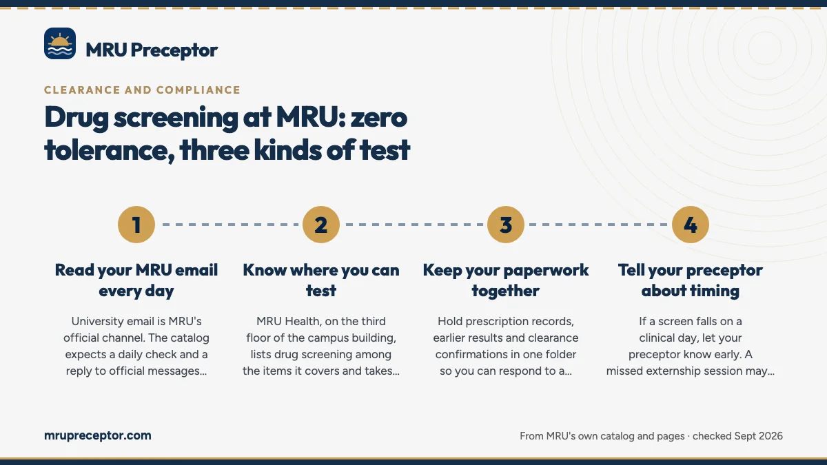 Numbered steps. Staying ready for a random screen: 1 Read your MRU email every day; 2 Know where you can test; 3 Keep your paperwork together; 4 Tell your preceptor about timing.
